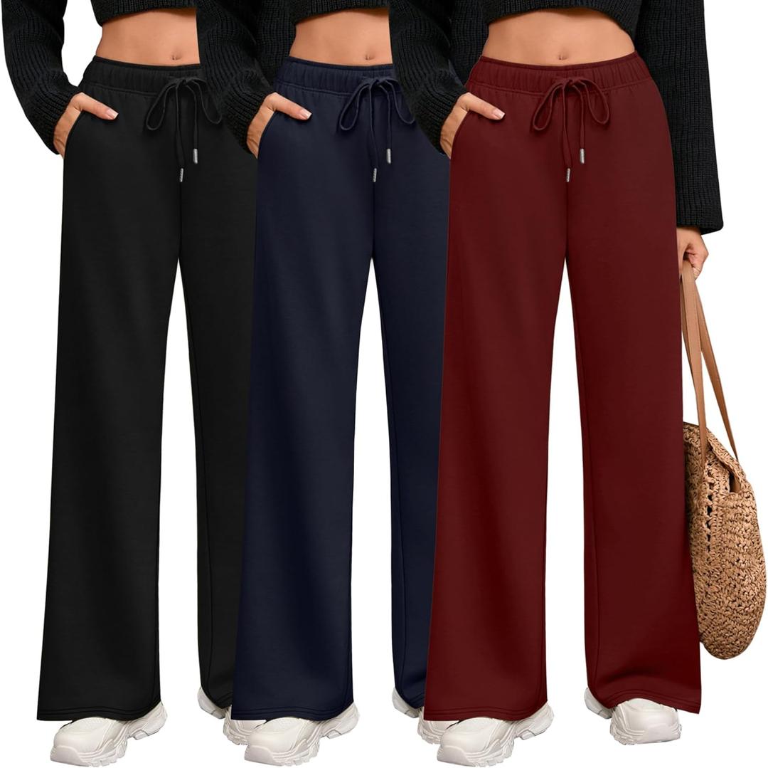 Riyiper 3 Pack Women Wide Leg Sweatpants Drawstring Straight Pants Elastic Waist Joggers Open Bottom Sweatpants with Pockets (XX-Large, Wine Red, Navy Blue, Black)