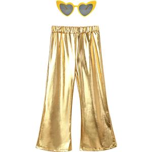 Perfashion Girls' Shiny Metallic Flared Pants Festival Dance Pants Disco with Sunglasses Wide Leg Trousers 6-15 Years (12-13 Years)