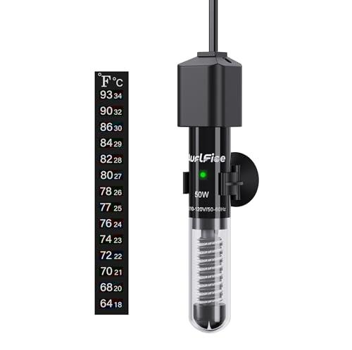 AurlFioe 50W Aquarium Heater, Small Submersible Fish Tank Heater with Mini Aquarium Thermometer, for Betta Turtle Saltwater Freshwater 5-10 Gallon Tanks