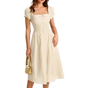 RIHOAS Casual Dresses for Women Short Sleeve Square Neck Midi Dress | Elegant,Botton,Puff Sleeve,A-Line,Cotton linen,Church,Vacation,Semi Formal,Beach,Retro,X Cross,Summer (Beige, M)