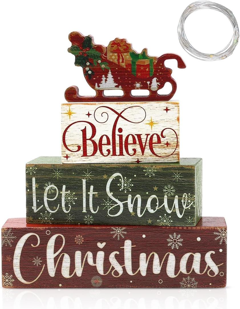 5 Pcs Winter Table Decor Wooden Hot Cocoa Decoration with Lights Centerpiece Winter Tiered Tray Decorative Farmhouse Christmas Decor for Home