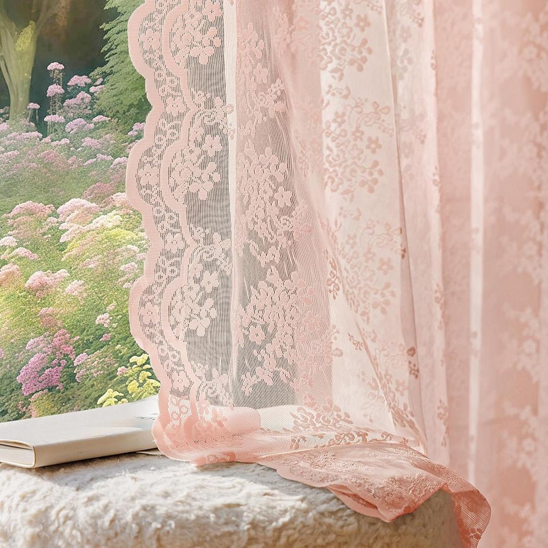 Anmao Vintage Lace Curtains 84 Inches Long 2 Panels Set, Romantic Elegant Light Filtering Semi Sheer Floral Thick Lacy Curtain Drapes for Living Room and Bedroom, Each Panel 55W x 84L, Blush Pink