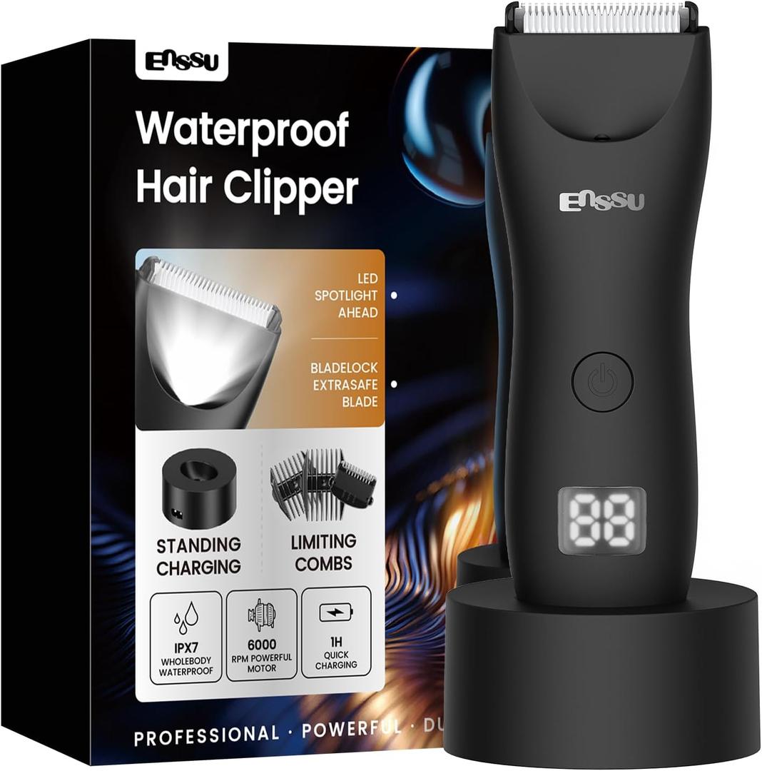 Manscape Body Hair Trimmer for Men with Ceramic Blade & LED Light, Waterproof Electric Shaver Body Groomer for Pubic Hair, Chest, Legs & Bikini, Pubic Hair Trimmer for Men Wet/Dry Use (Black With Charger Stand)