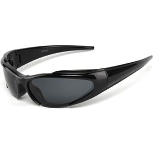 KENBO Y2K Sunglasses Wrap Around Futuristic Sunglasses for Men Women Oval Fashion Sport Shades Sun Glasses Large (Black Frame / Grey Lens)