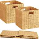 10.5'' Foldable Large Cube Paper Rope Storage Baskets with Handles and Built-in Metal Frame, 2pcs Stylish and Durable Woven Open Storage Bins Perfect for Toy Shelves and Living Room Organizing