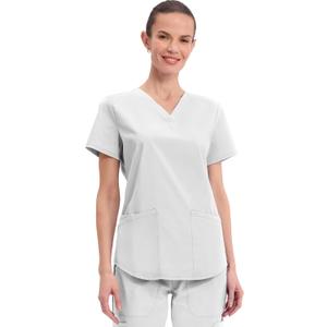 Cherokee Scrubs for Women V-Neck Top, 3 Pockets, Fade Resistant, Soft Stretch Fabric with Shirttail Hem & Side vents - WW665 (Small, White)