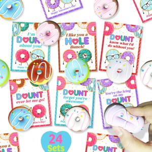 Donut Squishy Valentines Day Cards Gifts for Boys Girls Classroom Exchange, 24 Packs Valentines Day Donut Squishies with Cards for Kids School Party Favor