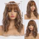 simkaylee Light Brown Wigs with Highlights for Women Synthetic 16 inch Medium Length Wigs with Bangs Natural Long Wavy Fringe wig Heat Resistant Hair for Daily Party Use (16 inch)