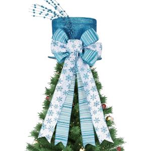 Christmas Tree Topper Hat Shiny Sequins Top Hat with Bow Lengthened Ribbon Tree Topper Santa Christmas Decorations for Xmas Gift Ideas Holiday Winter Party Ornament Supplies (Lake Blue)