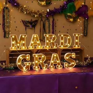 9Pcs Mardi Gras Light Up Letters, Mardi Gras LED Letters Lights, Battery Powered Marquee Light with Golden Mirror Surface for Mardi Gras Table Decorations Party - Mardi Gras Party Decor Table Centerpieces Wall Sign