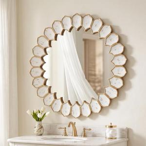 Round Wavy Mirror,24" Scalloped Circle Metal Vanity Bathroom Mirrors