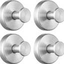 Suction Cup Hooks for Shower/Bathroom Heavy Duty Removable for Towels, Robes, Loofah - No Drill Stainless Steel Hooks for Glass, Mirror, Tile, Kitchen (4-Pack) Brushed Nickel
