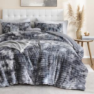 Fluffy Queen Size Comforter 3 PCS - Tie Dye Black Fleece Bedding Set, 3 Pieces-Queen