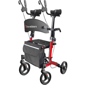 Aliseniors Upright Walker, Stand Up Rollator Walker with Seat, Foldable 4 Wheel Rolling Walker, Medical Aluminum Walkers for Seniors, Adjustable Padded Armrests, 8" Wheels, Supports 250lbs, Red