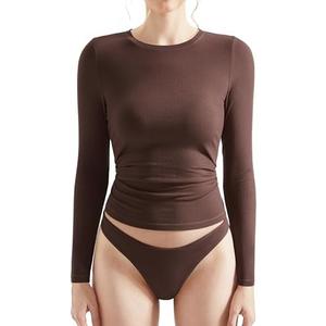 OMKAGI Women Long Sleeve Shirts Cotton Ribbed Fitted Basic Tops Crewneck Y2K Top, L