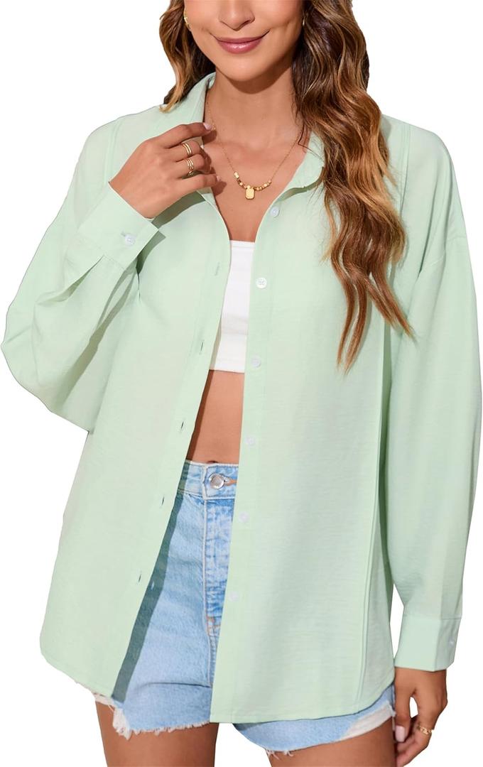 Womens Button Down Shirt Oversized Long Sleeve Gauze Tops Casual Boyfriend Button Up Shirts Dressy Blouse Summer (3X-Large, Sage Green)