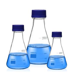 Okulab 3pcs Erlenmeyer Flask Set with Blue Cap, 250ml 500ml 1000ml Lab Erlenmeyer Flasks, Borosilicate 3.3 Glass Material with Printed Graduation, EFG45GS3A1