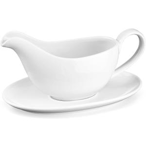Yedio 18 oz Gravy Boat with Saucer, Large White Ceramic Gravy Boat, Boat and Tray for Turkey Beef Sauce, Salad Dressing, Creamer, Milk, Broth,Microwave and Dishwasher Safe