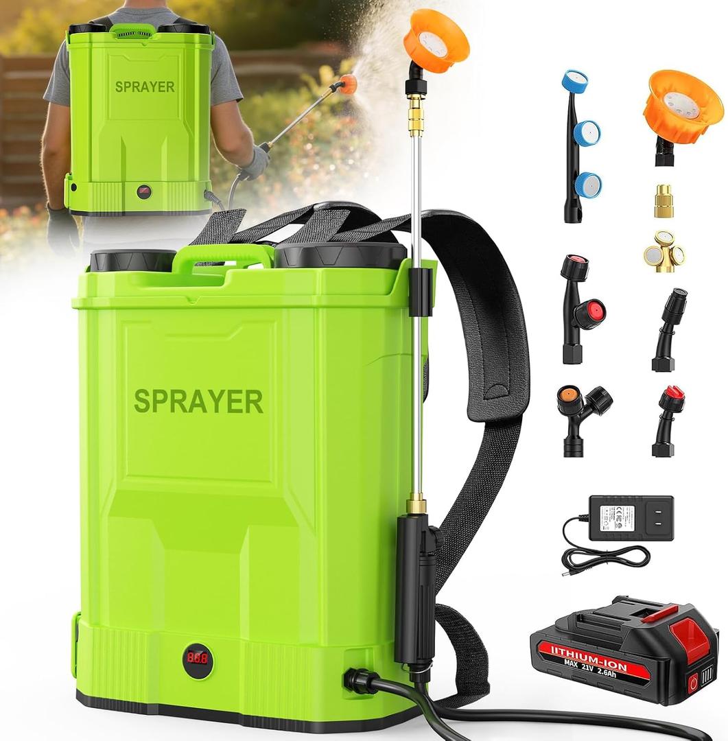 Battery Powered Backpack Sprayer,5.3 Gallon Large Capacity Electric Graden Sprayer,100 PSI Adjustable Pressure Sprayer Compatible with 21V 2.6Ah Battery,Electric Sprayer with Telescopic Wand,8 Nozzles