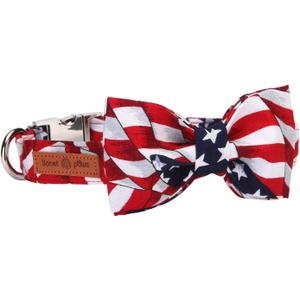 Lionet Paws Patriotic Dog Collar with Bowtie, 4th of July, Soft and Comfortable, Adjustable Collar for Medium Dogs, Neck 13.5-22 inches (American Flag)