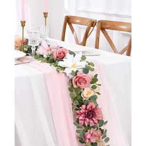 Waipfaru Flower Garland Decorations, 6.07Ft Pink Floral Rose Garland, Artificial Eucalyptus Greenery Vines with Flowers for Wedding Table Runner Centerpieces Backdrop Room Decor (Pink) (1 Pack)