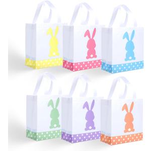 PINWATT 12 Pcs Reusable Easter Non-Woven Gift Bags with Handles, Colorful Bunny Tote Treat Bags for Easter Egg Hunt, Party Favors (9x8.6x4.3 Inches)