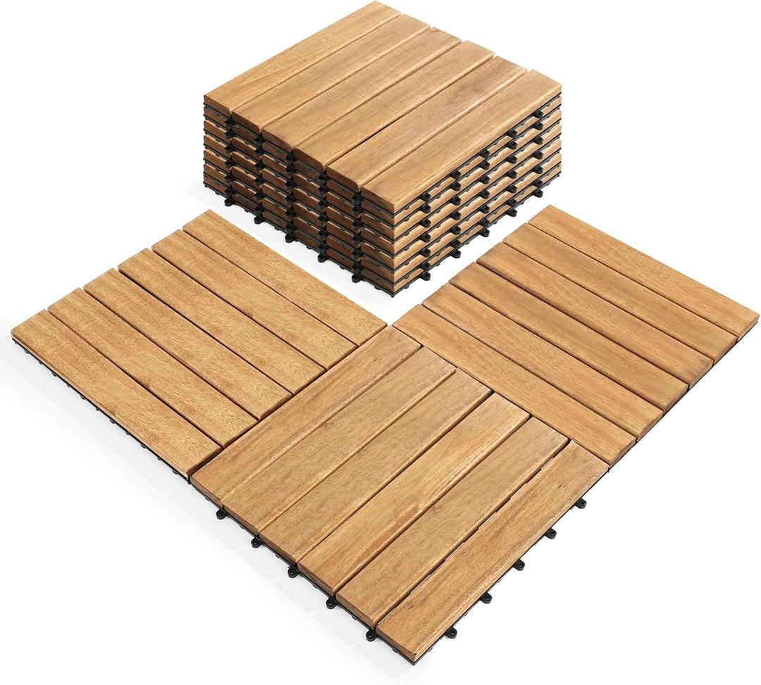 AN68 Pack of 10 Deck Tiles - 12"x12" Interlocking Natural Solid Acacia Wood for Outdoor & Indoor, Patio Garden, Balcony, Poolside - Natural Color