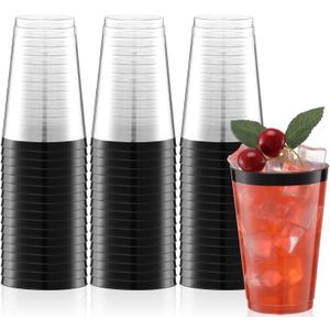 Norme 50 Pcs 14 oz Rimmed Plastic Cups Disposable Clear Cups with Rim Fancy Holiday Drinking Holder 2025 Graduation Party Favor Container Wine Glasses Tumblers for Wedding Halloween(Black)