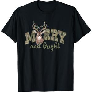 Merry and Bright, Camo Deer, Hunter Christmas T-Shirt, S