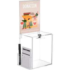 Teling Acrylic Suggestion Box with Card Pocket Safe Donation Box with Lock and Sign Plate for Voting, Charity, Suggestion Collection Supplies (Clear,7. 5 x 5 x 8 Inches) (Transparent)