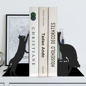 Cat Book Ends for Shelves, Metal Decorative Book Ends with Pen Holder, Fun Unique Bookends, Cool Black Cat Bookends for Home Office Desk Bookshelf Decor, Gift for Cat Lovers and Reading Enthusiasts
