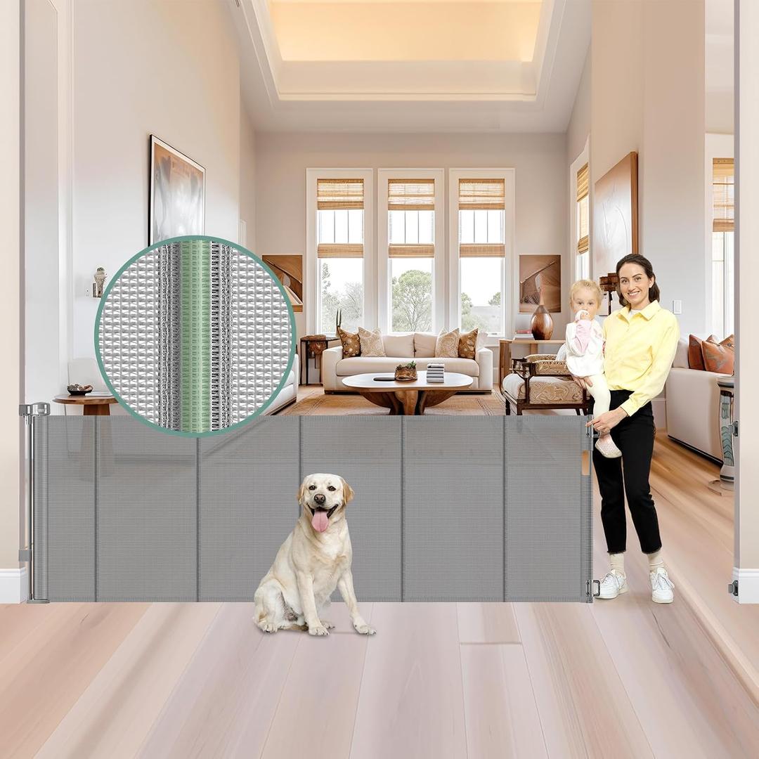 Reinforced 159 Inch Extra Wide Retractable Dog Gate with Support Rods, Indoor/Outdoor Retractable Gate, Prevent Babies and Dogs from Crawling Through Mesh Baby Gates for Doorways Extra Wide, Gray