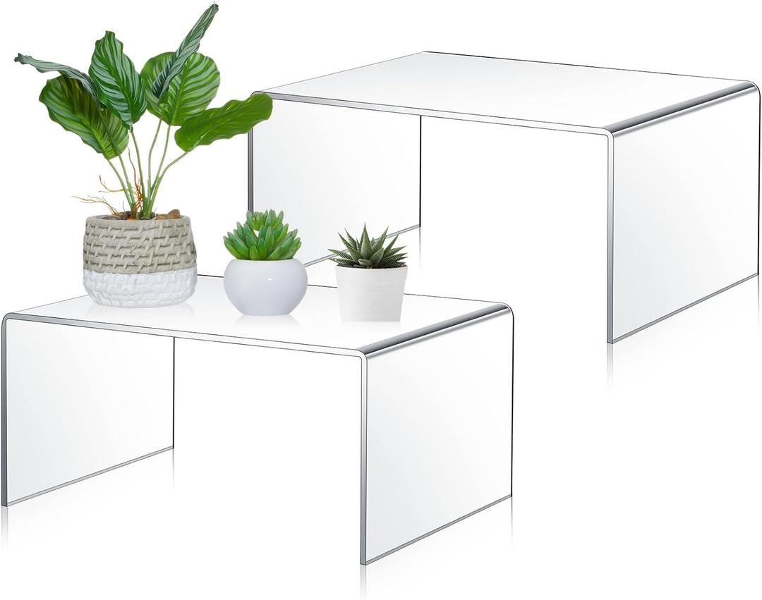 RattanView 2 Pcs 13 Inch Large Acrylic Risers Display Stands 5 mm Thick Acrylic Shelf Riser Showcase for Collectibles Jewelry Cupcakes Food Figures Perfume Cabinet(Clear)