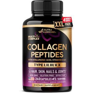 Multi Collagen Peptides 1300mg - Hydrolyzed Types I II III V & X - 240 Caps