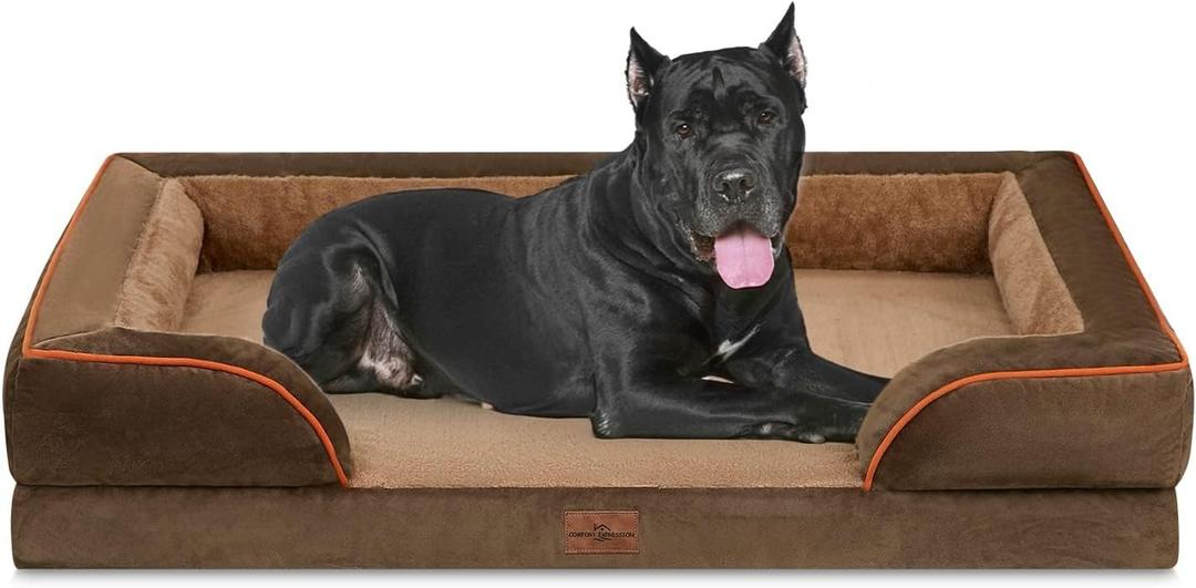 Comfort Expression Orthopedic Dog Bed for Extra Large Dogs 53x42 Inch, Waterproof Supportive Egg Crate Foam XXL Pet Bed with Removable Bolsters, Dog Couch with Washable Cover & Non-Slip Bottom, Brown