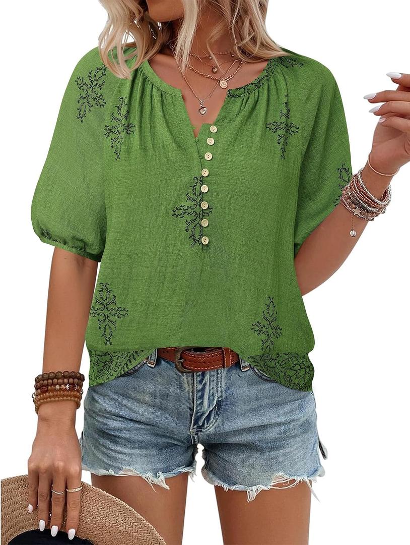 Unixseque Womens Summer Tops V Neck Short Sleeve Blouses Casual Button Down Shirts Floral Boho Clothing Trendy 2026 (L)