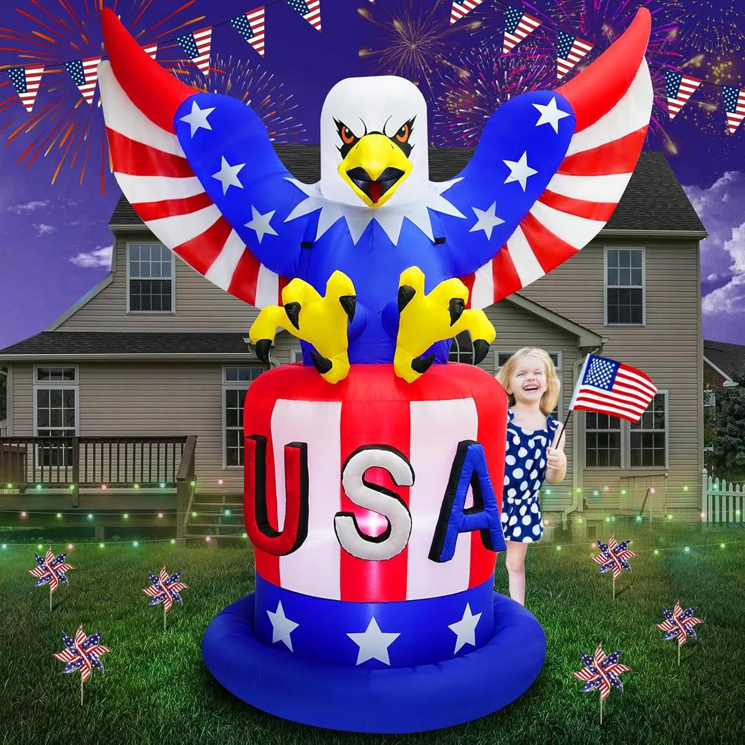 PARAYOYO 7.2FT 4th of July Inflatable Bald Eagle Sitting on USA Hat, Patriotic Inflatable Eagle Blow Up Built-in 4 LEDs for Independence Day Inflatable Outdoor Decoration Fourth of July Parade Decor