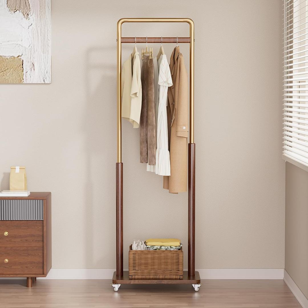Clothes Rack Solid Wood Coat Rack, Metal and Solid Wood Combination Clothing Rack with Wheels for Entryway, Bedroom, Living Room, Coat Racks Freestanding for Hanging Clothes Garment Scarf (18.9"W11.8"D69.3"H, Walnut)