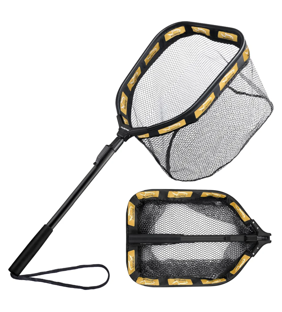 PLUSINNO Floating Fishing Net for Steelhead, Salmon, Fly, Kayak, Catfish, Bass, Trout Fishing, Rubber Coated Foldable Landing Net with Fixed or Telescoping Pole Handle, Fishing Gear and Gifts for Men, Yellow