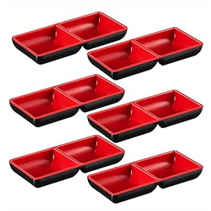 6 Pieces Dual Dipping Bowls 10 oz Dipping Dish Dipping Sauce Cups Two Compartments Plate Dual Divided Bowl Plates Appetizer Serving Tray for Restaurant, Soy Sauce, Ketchup, BBQ Sauce
