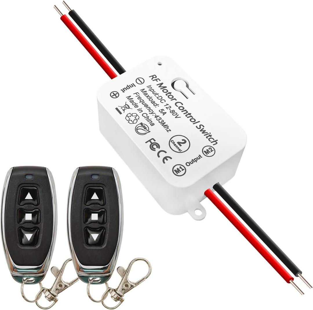 DieseRC Wireless DC Motor Remote Control Switch, DC 12V~80V 5A Relay Receiver Controller with 2 Transmitters, Radio Control Motor Move Forward and Reverse