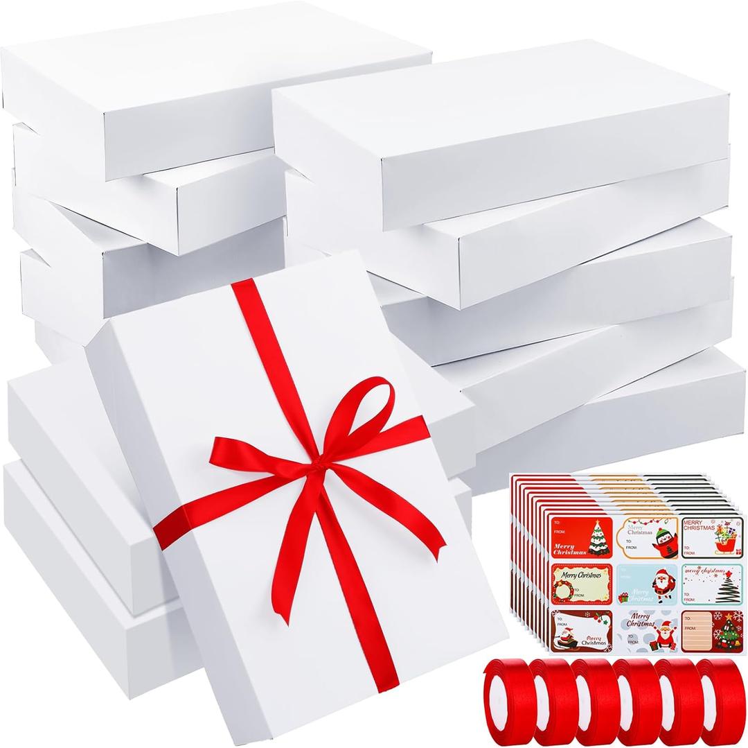 Qeeenar 48 Pack Extra Large Gift Boxes with Lids Set, 6 Rolls Red Wrap Tape, 90 Paper Tag Stickers, Clothes Shirt Boxes for Presents Holidays Birthday (Classic,17 x 11 x 4'')