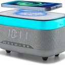 PRIBUY Smart Alarm Clock with 15W Fast Wireless Charger & Bluetooth Speaker - Dual Alarm, Dimmable Display, Touch Bedside Lamp, Nightstand Clock for Bedroom, Office, Home, Grey