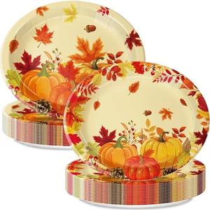 QIYANPAX 30 PCS Thanksgiving Paper Plates Fall Pumpkin & Autumn Leaves 9" x 11" Heavy-Duty Disposable Plates for Thanksgiving Dinner, Harvest Party, Fall Table Decor