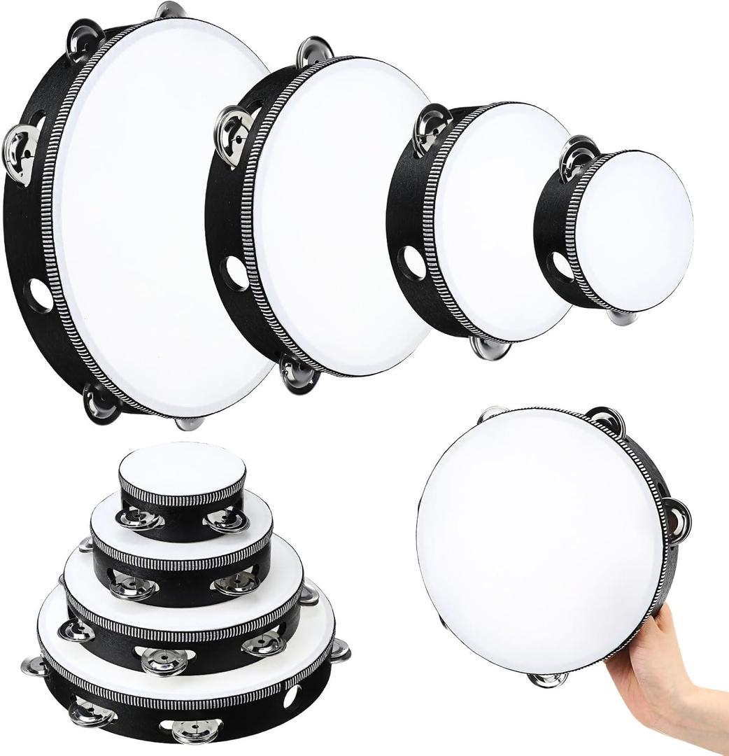 Reginary 8 Pcs Tambourine for Adults Handheld Wood Tambourine 4 Size Single Row Metal Jingles Musical Educational Gift Rhythm Percussion Instrument for Church Party Ktv(Black)