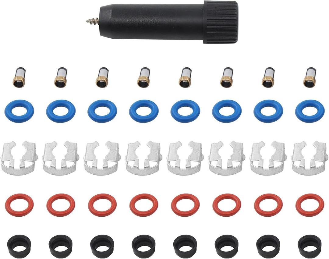 MOTOKU 8 Set Fuel Injector Repair Seal Kit w/Micro Filter Removal Tool for Chevy GMC Cadillac Escalade Silverado Suburban Tahoe Avalanche Trailblazer Express Sierra Envoy Yukon 1999-2007 V8