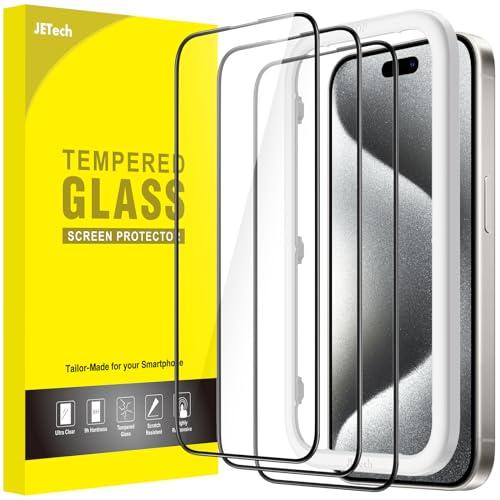 JETech Full Coverage Screen Protector for iPhone 15 Pro 6.1-Inch, Black Edge Tempered Glass Film with Easy Installation Tool, Case-Friendly, HD Clear, 2-Pack