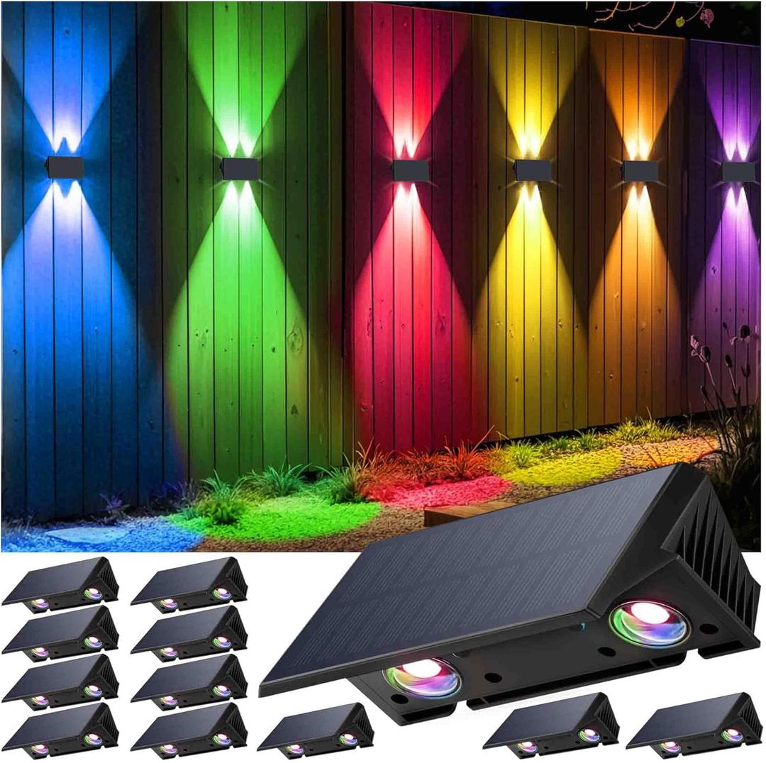 Fence Lights Solar Powered, 12-Pack Solar Fence Lights Up/Down Flexible Buttons, IP67 Waterproof for Outdoor, 100LM Bright, Auto Dusk to Dawn for Wall/Stairs/Yard/Railing/Deck/Pathway (White & RGB)