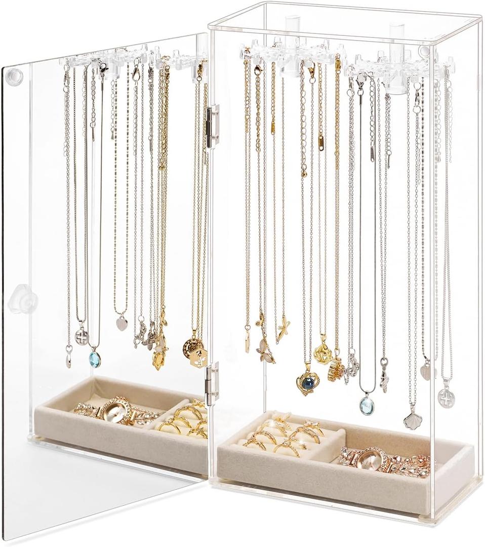 Jenseits Necklace Holder Organizer, Acrylic Jewelry Organizer with Velvet Tray & Built-in Mirror, 24 Hooks Dustproof Clear Jewelry Box Storage Stand, Ring Earrings Bracelets Display Case for Women