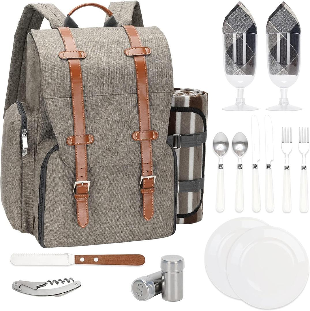 Picnic Backpack for 2 Person with Large Insulated Cooler Bag, Picnic Basket Set with Pouch, Waterproof Picnic Blanket & Cutlery Set. Perfect for Beach, Camping,Wedding Gift for Couple.Beige